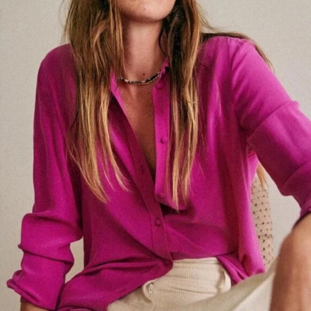 Sezane Ann 100% Silk Button Down Collared Shirt Size 44 French or US 12 Top Pink